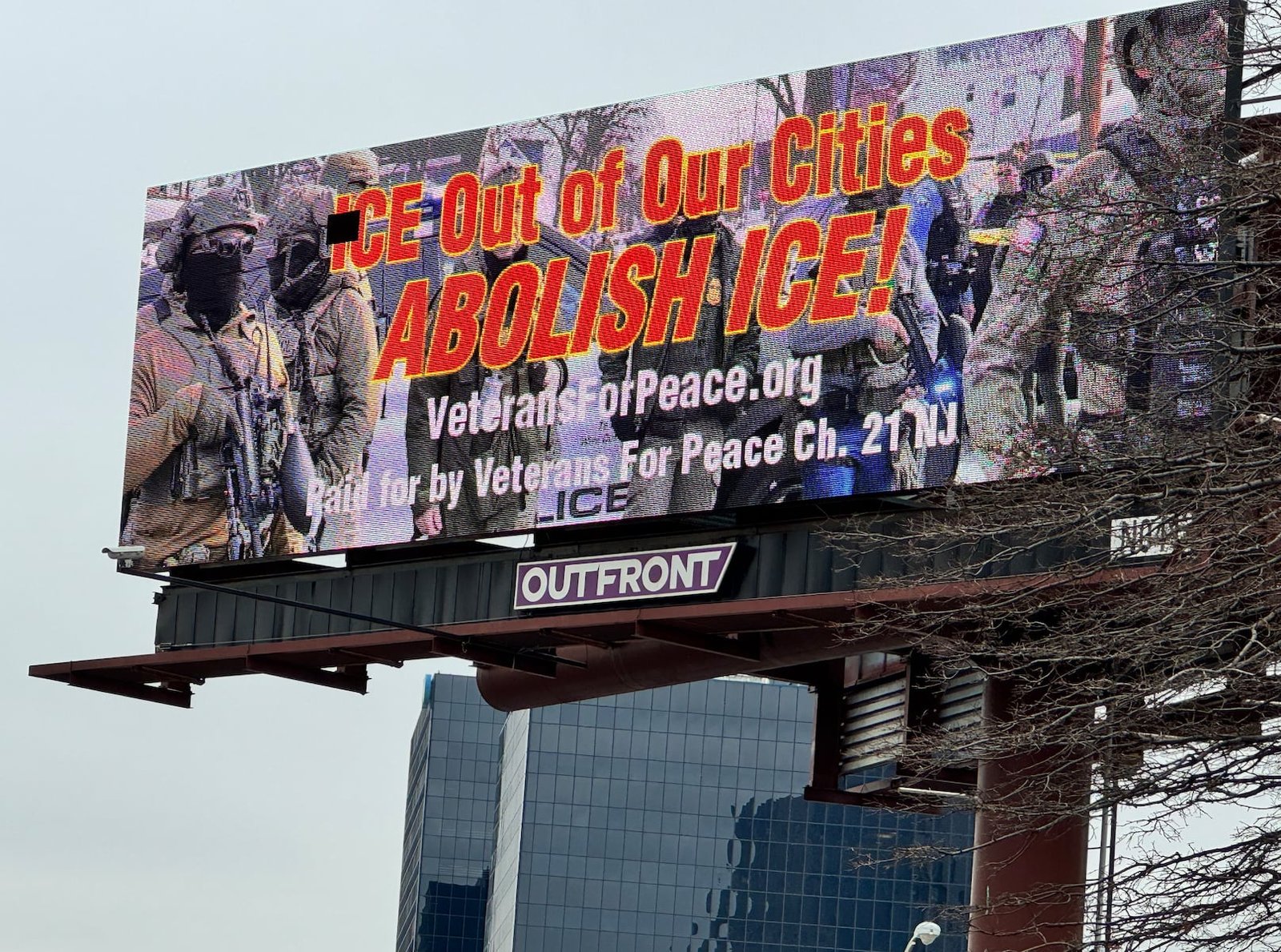 Veterans for Peace Billboard Calls for Abolishing ICE in Newark